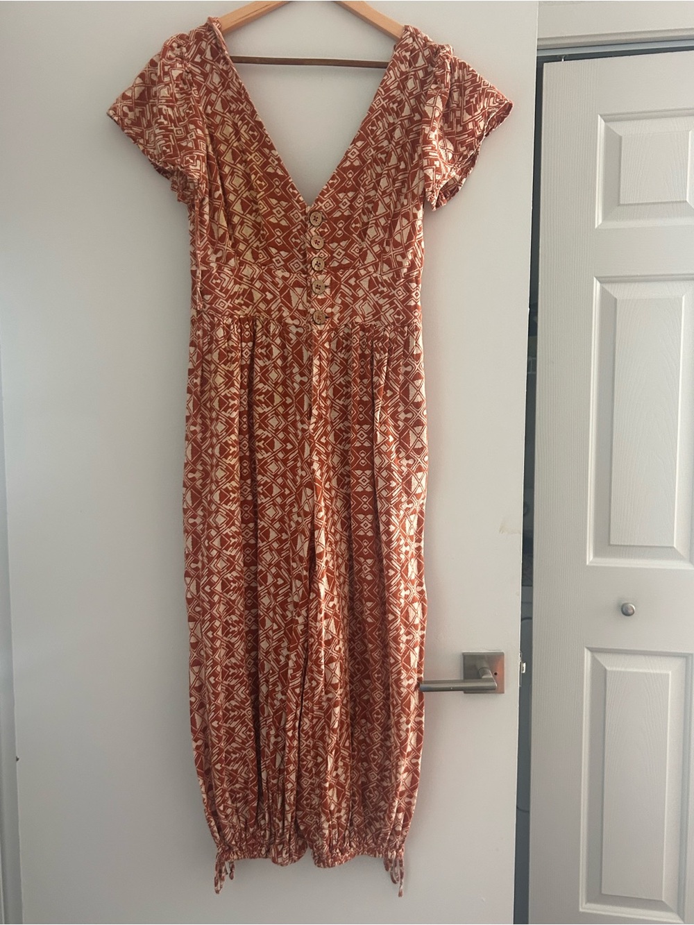 Rust Tribal Print V-Neck Maxi Jumpsuit
